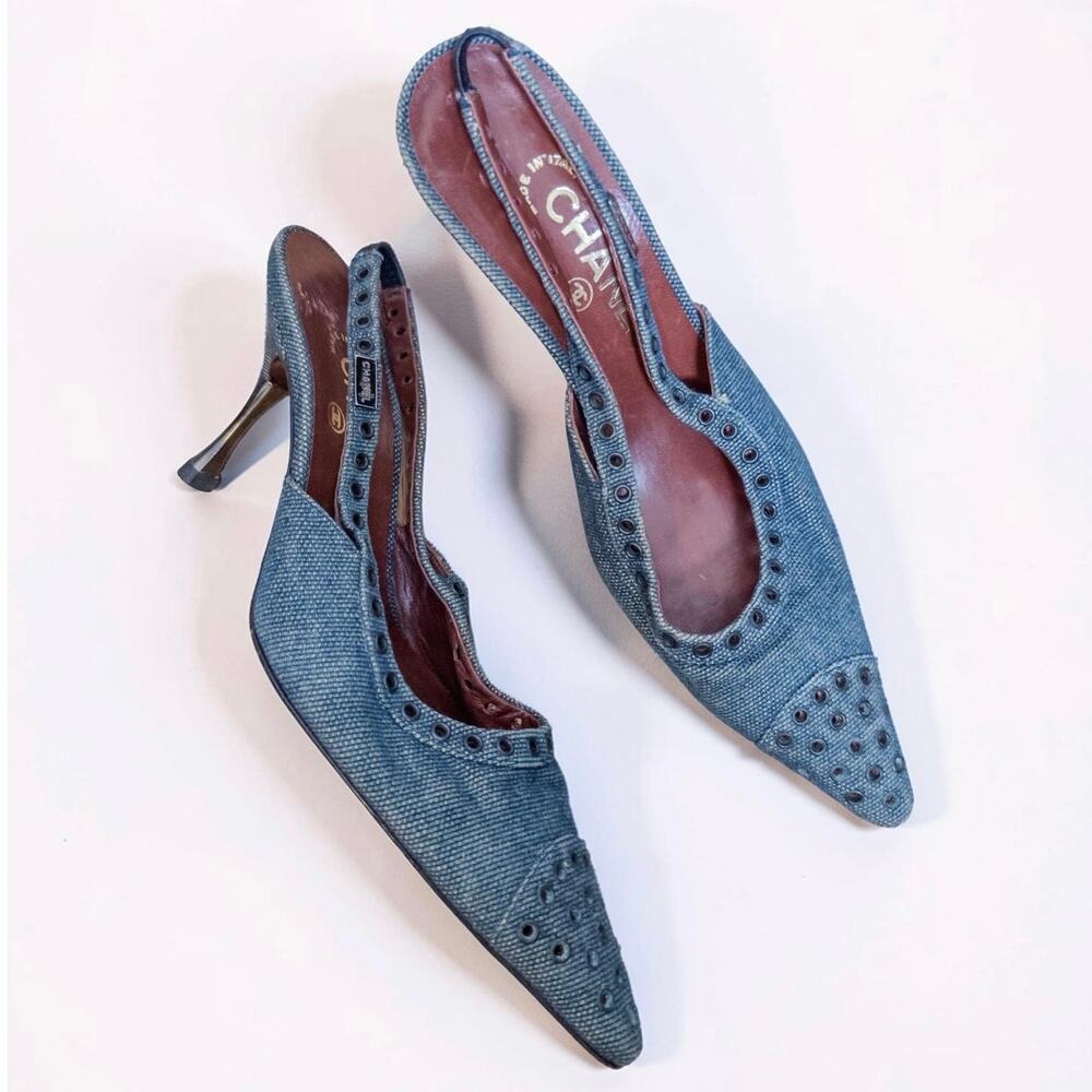 Vintage Chanel Denim Grommet Slingback Heels Blue 37.5